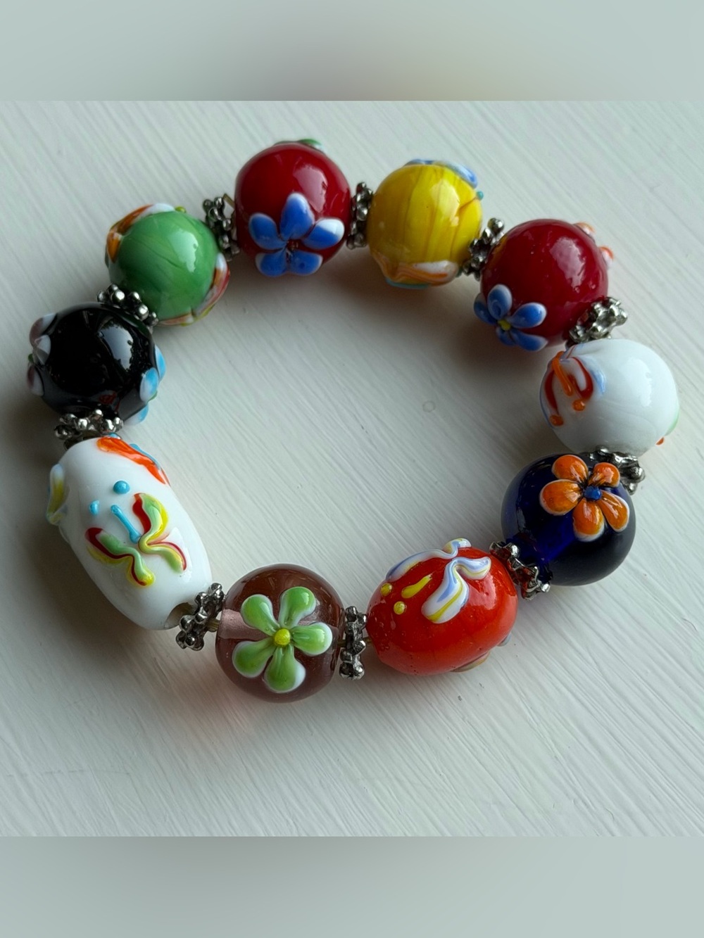 Colorful Floral Lampwork Bead Bracelet - Multicolor